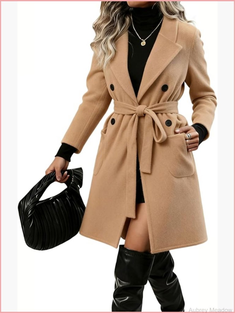 Double Breasted Wool Blend Peacoat Notched Lapel Belted Mid Long Jacket